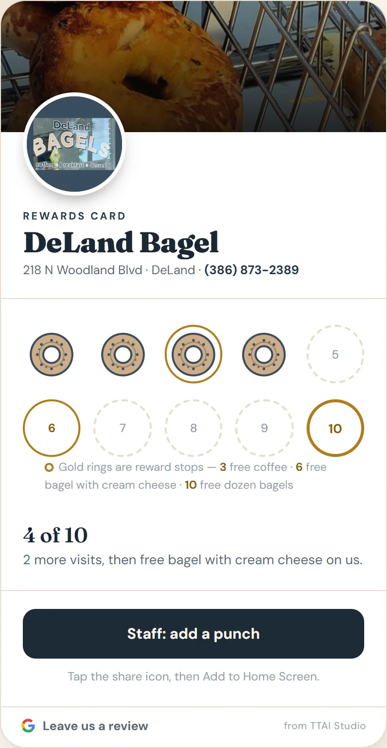 DeLand Bagel digital rewards card showing four of 10 visits